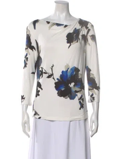 Pre-owned St John Floral Print Bateau Neckline Top In White