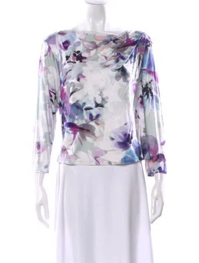 Pre-owned St John Floral Print Bateau Neckline Top In White
