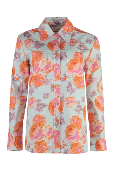 St John Floral Print Cotton Shirt In Blue