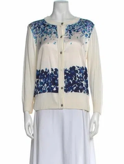 Pre-owned St John Floral Print Crew Neck Button-up Top In Neutral