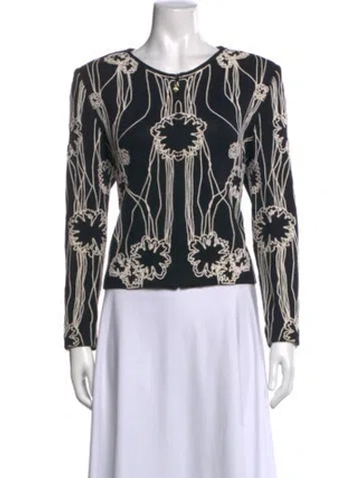 Pre-owned St John Floral Print Crew Neck Sweater In Black