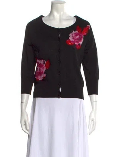 Pre-owned St John Floral Print Crew Neck Sweater In Black