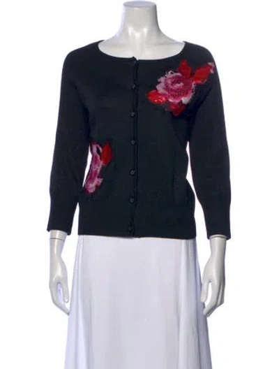 Pre-owned St John Floral Print Crew Neck Sweater In Black