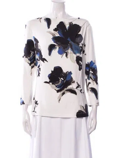 Pre-owned St John Floral Print Crew Neck Top In White