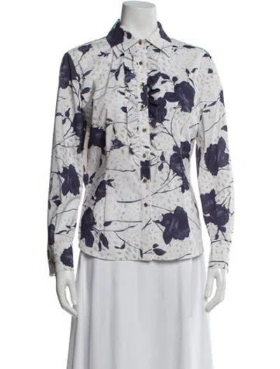 Pre-owned St John Floral Print Long Sleeve Blouse In Blue