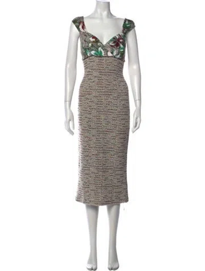 Pre-owned St John Floral Print Midi Length Dress In Metallic/neutrals