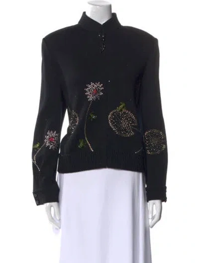 Pre-owned St John Floral Print Mock Neck Sweater In Black