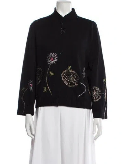 Pre-owned St John Floral Print Mock Neck Sweater In Black