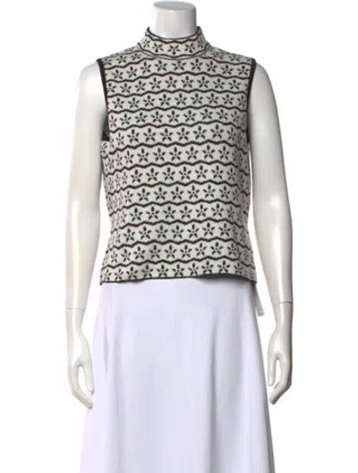 Pre-owned St John Floral Print Mock Neck Sweater In White