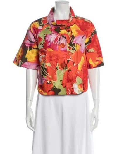 Pre-owned St John Floral Print Short Sleeve Top In Orange