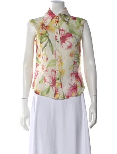 Pre-owned St John Floral Print Sleeveless Button-up Top