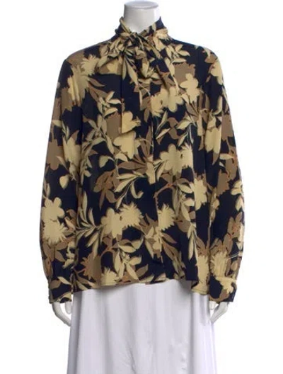 Pre-owned St John Floral Print Tie Neck Blouse In Neutral