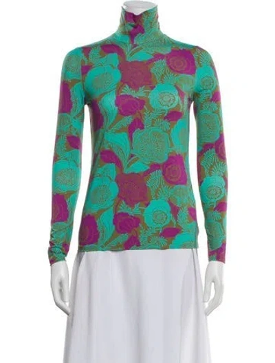 Pre-owned St John Floral Print Turtleneck Top W/ Tags In Green