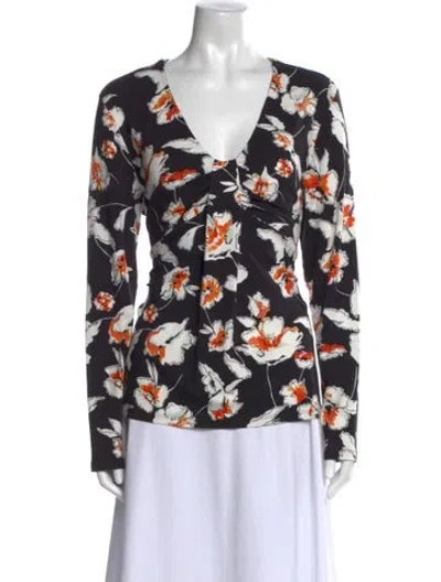 Pre-owned St John Floral Print V-neck Blouse In Black