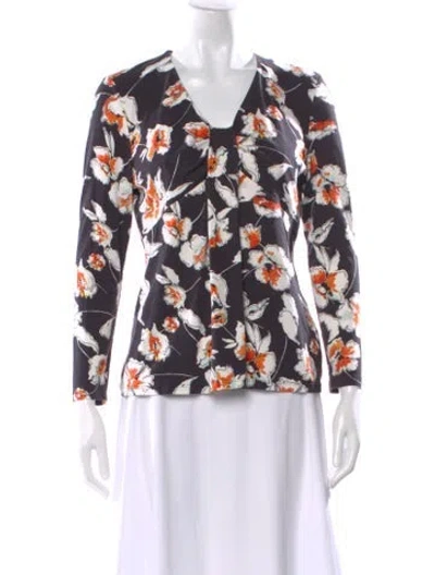 Pre-owned St John Floral Print V-neck Blouse In Black
