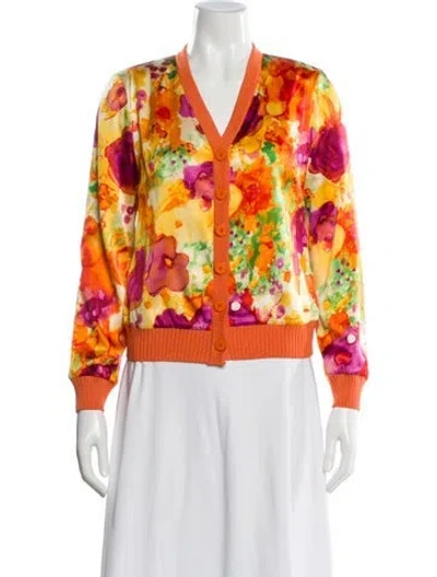 Pre-owned St John Floral Print V-neck Blouse In Orange