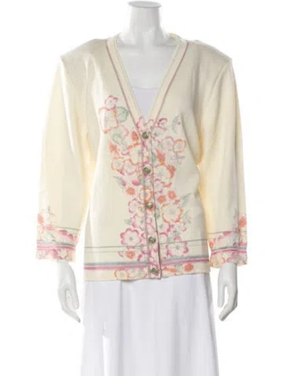 Pre-owned St John Floral Print V-neck Sweater In Neutral