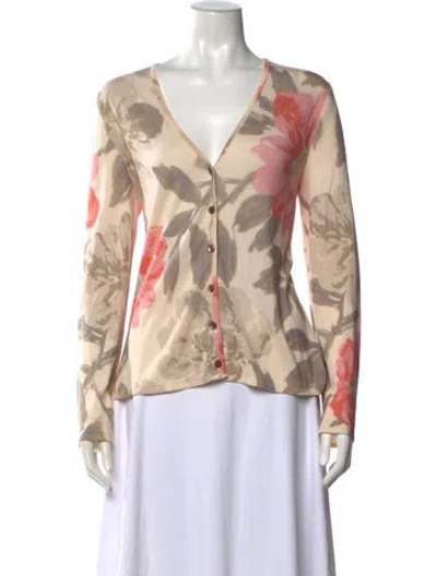Pre-owned St John Floral Print V-neck Sweater In Neutral