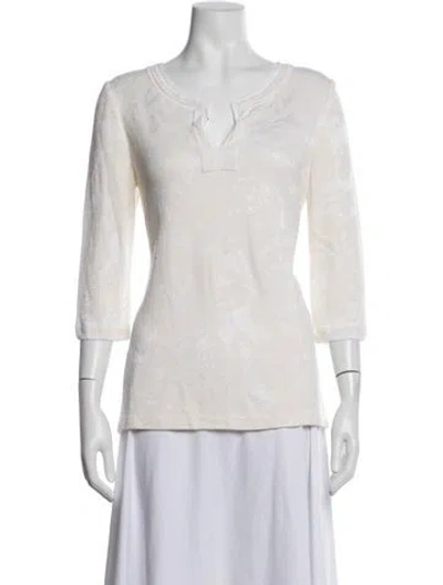 Pre-owned St John Floral Print V-neck Sweater In White