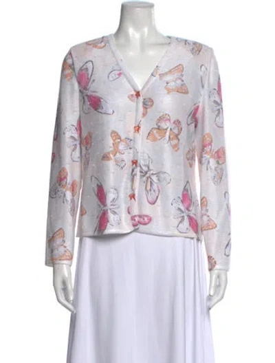 Pre-owned St John Floral Print V-neck Sweater In White