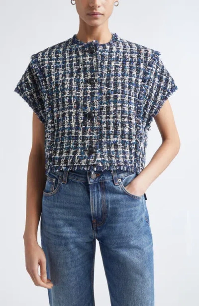 St John St. John Fringe Cap Sleeve Multicolor Check Tweed Jacket In Blue