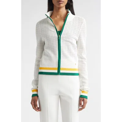 St John St. John Geometric Point Open Knit Zip-up Jacket In White