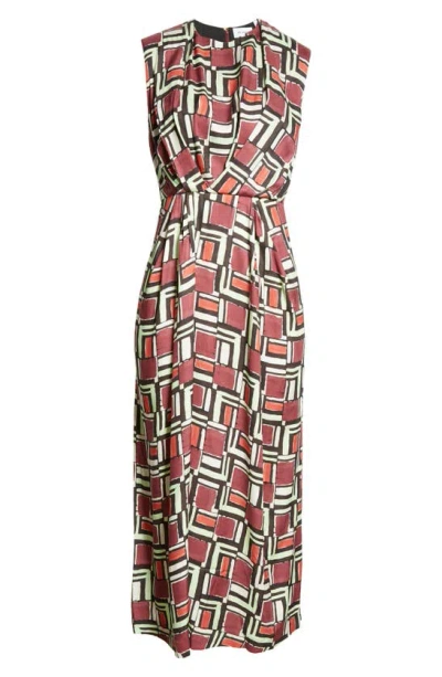 St John Painted Geo-print Origami-waist Sleeveless Midi Dress In Dark Claret Multi