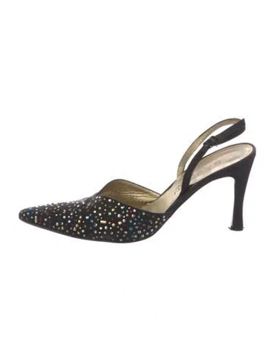 Pre-owned St John Graphic Print Crystal Embellishments Slingback Sandals In Black