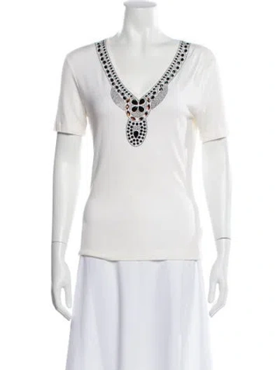 Pre-owned St John Graphic Print V-neck T-shirt In White