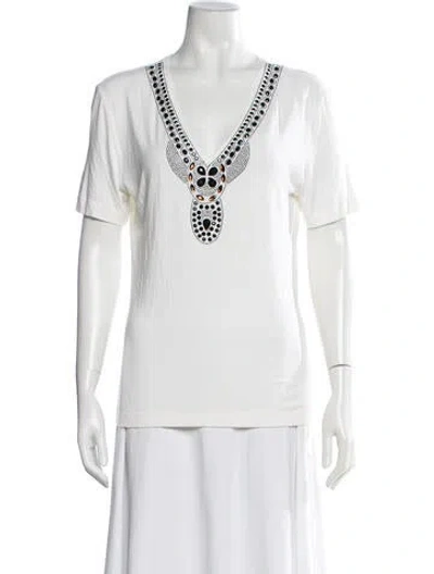 Pre-owned St John Graphic Print V-neck T-shirt In White