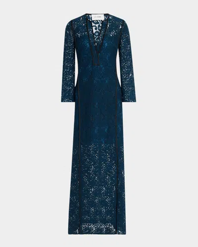 St John Guipure Bracelet-sleeve Kaftan Gown In Blue