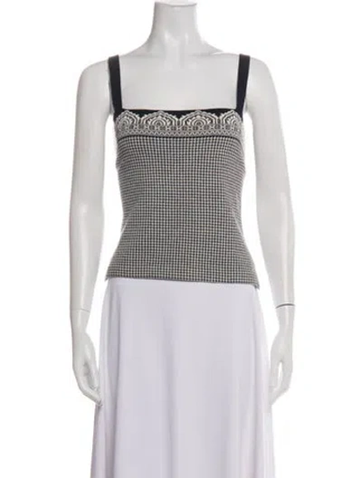 Pre-owned St John Houndstooth Print Square Neckline Top In White