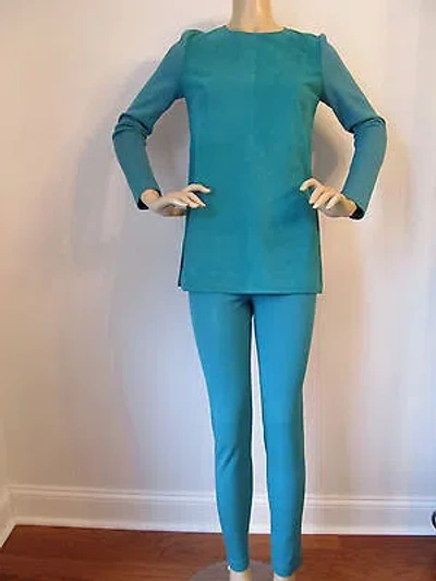 Pre-owned St John Knit 2 Pant Top Suit Verde Green Milano Knit Suede & Leggings