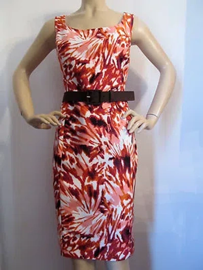 Pre-owned St John Knit 8 Sheath Dress Watermelon Orange Peach White & Tobacco Brown