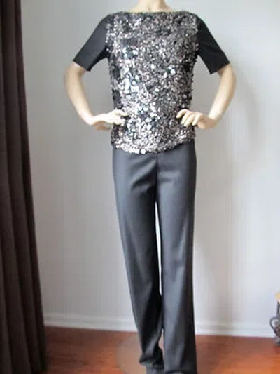 Pre-owned St John Knit Couture 10 Pant Suit Sequins Top Dark Gray Granite Wool
