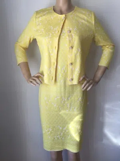 Pre-owned St John Knit Dress And Jacket Suit Size 4 Yellow Citron & White Rayon In Yellow White