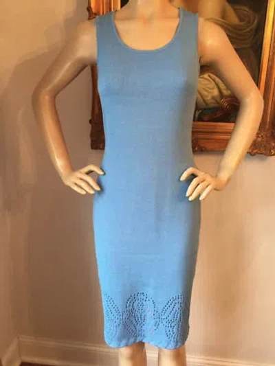 Pre-owned St John Knit Dress Blue Azure Size 8 Santana Sheath Wool