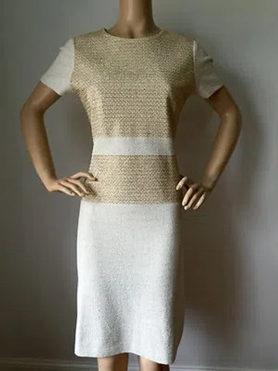 Pre-owned St John Knit Dress Evening Size 4 Dress White Cream Shimmer Gold Tweed Knit Wool