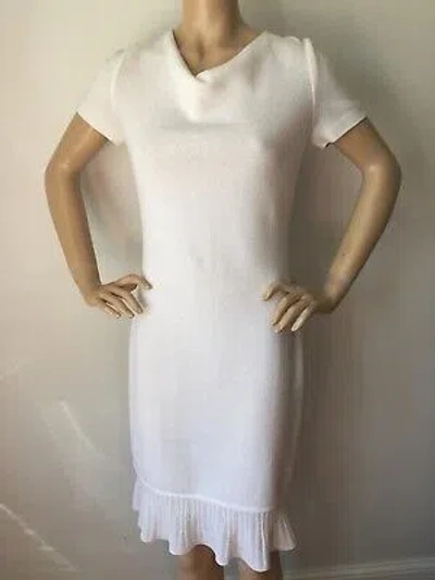 Pre-owned St John Knit Dress Size 4 Bright White Santana Knit Ruffle Bottom Wool Rayon