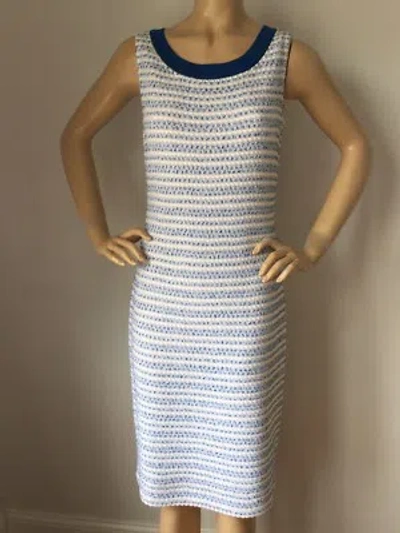 Pre-owned St John Knit Dress Size 4 Havana Blue & Bright White Tweed Wool Rayon