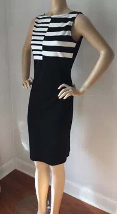 Pre-owned St John Knit Dress Size 6 Black Caviar & Cream Milano Knit Wool Rayon In Black & Cream
