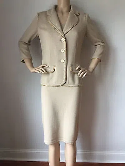 Pre-owned St John Knit Dress Suit Classic Beige Size 4 Santana Wool