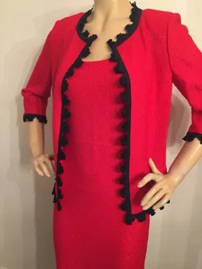 Pre-owned St John Knit Dress Suit Size 8 Red & Navy Hemp Fabric