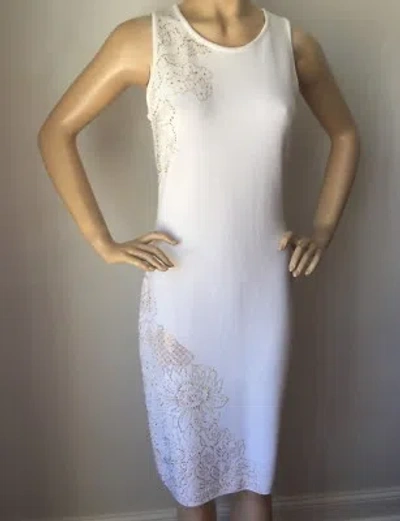 Pre-owned St John Knit Evening Dress Size 8 Bright White Gold Shimmer Santana Knit