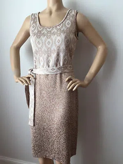 Pre-owned St John Knit Size 4 Gold Latte & White Sheath Dress Tie Belt Wool Rayon