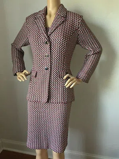 Pre-owned St John Knit Suit Size 8 Dress Jacket Suit Tweed Wool Rayon In Navy Red White