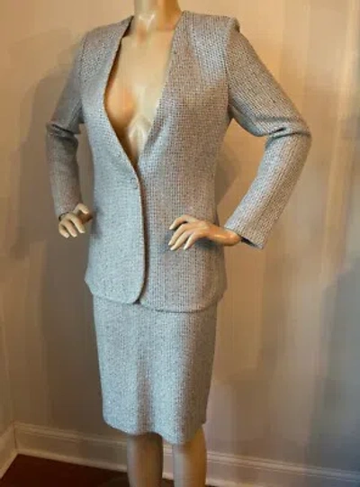 Pre-owned St John Knit Sz 8 Skirt Suit Silver Tweed Shimmer