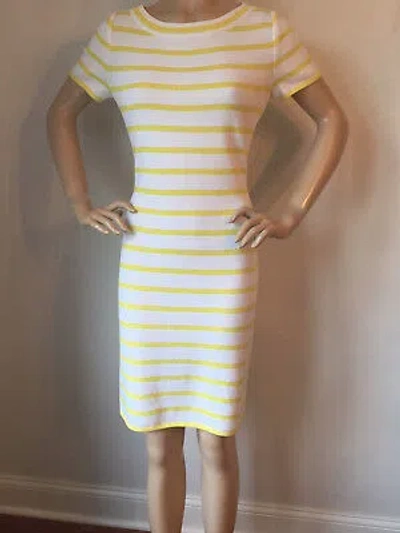Pre-owned St John Knit Sz 8 Womens Dress Citron & Bright White Striped Santana Wool
