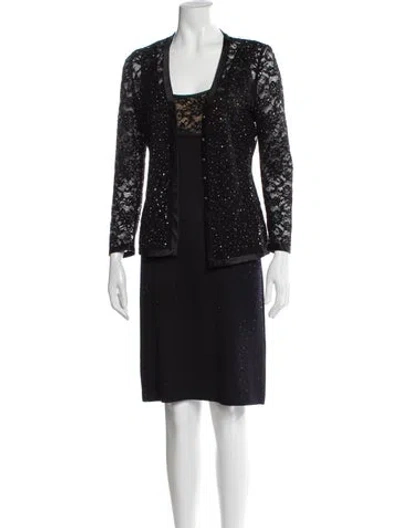 Pre-owned St John Lace Pattern Crystal Embellishments Dress Set In Black