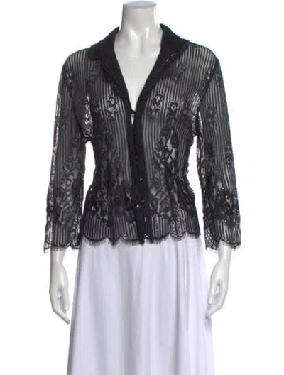 Pre-owned St John Lace Pattern V-neck Blouse In Black